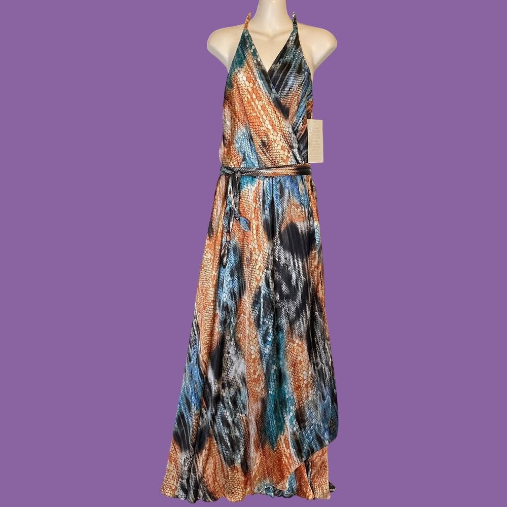 Boston Proper Python Melange Maxi Halter Dress 6 Whimsical Flowing Cruise NWT
